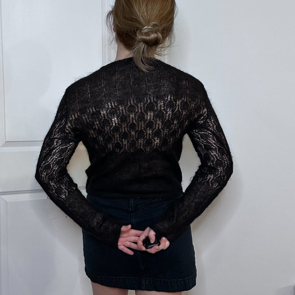 Vintage 90s Free People Black Pointelle Wool Sweater - S